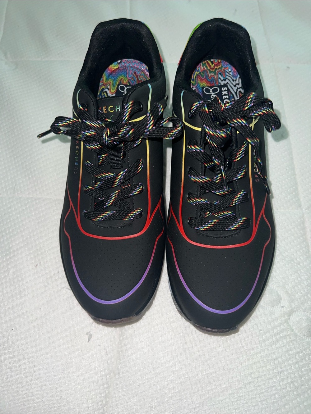 Skechers Jen Stark Black Sneakers with Rainbow Trim and Multicolor Laces
